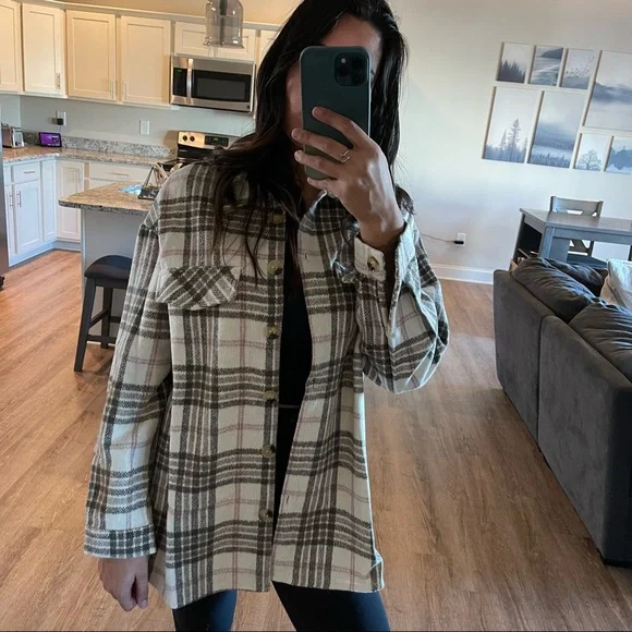 Oatmeal Blush Plaid Shacket - Picture 8 of 9